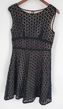 LOFT Black Floral Cutout Layered Floral Embroidered Fit & Flare Dress Women's 4
