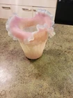 Vtg Beautiful Fenton ? Ruffled Swirl Pink White/Yellow Unmarked Glass Vase 6.25"