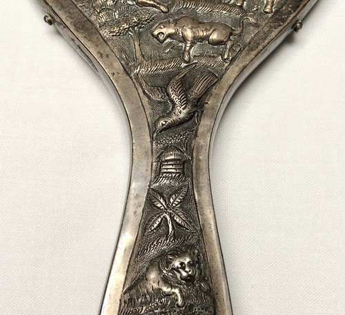 Antique African Animal Theme Silver Hand Mirror - Picture 5 of 9