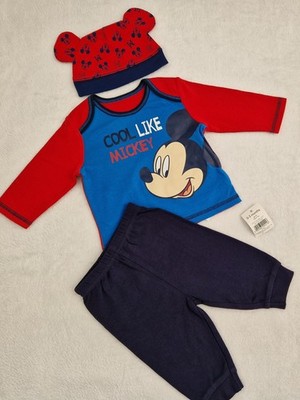 NEU DISNEY 3x SCHÖNES MICKEY MOUSE BABY JUNGE OBERTEIL JOGGINGHOSE MÜTZE OUTFIT SET 0-3 Monate 