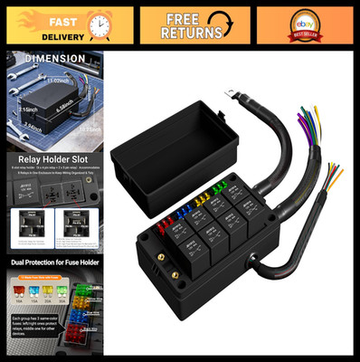 12V Fuse Box & Relay Block - 8 Relay, 12 ATC/ATO Blade Fuses, Dustproof Panel fo