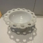 Vintage White Milk Glass Pedestal Candy Dish Heart Lace Edge 7x3.5