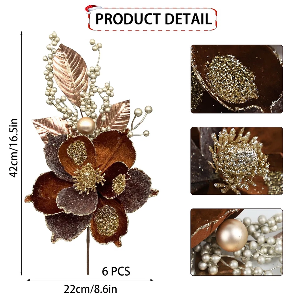 6 Piezas Selecciones de Flores de Navidad Marrón Brillo Magnolia Flores y Adorno en Spray Foto 2 de 4