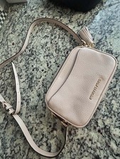 Michael Kors Small Beige Pebbled Zip Crossbody Bag Tassel Gold Tone Detach Strap