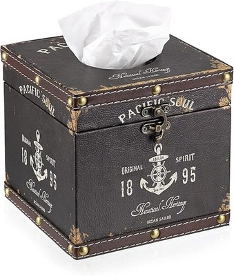Retro Wood Square Tissue Box Cover - Vintage Cube Holder Decorative Facial