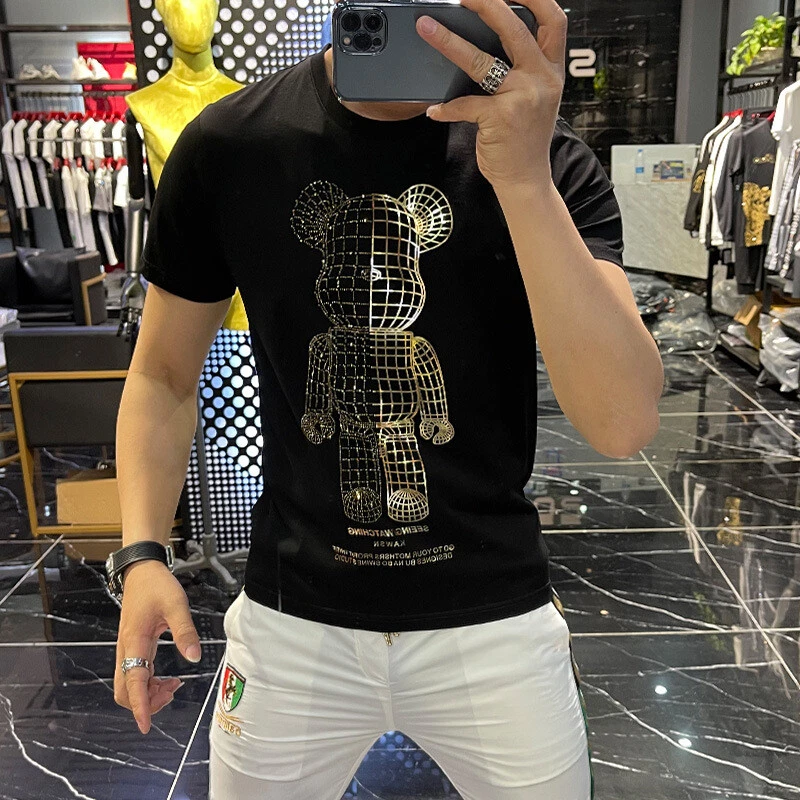 New Fashion Bear Rhinestone Short Sleeve Luxury Men Red Black White Slim  T-Shirt