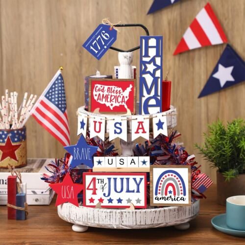 13 Pieces 4th Of July Tiered Tray Decor Patriotic Table Decor Wood Signs Indepen - Picture 2 of 7