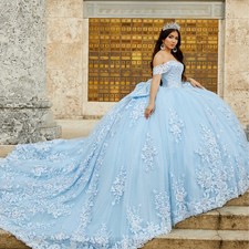 Blue Quinceanera Dresses Lace Applique Beaded Bow Tiered Corset Sweep Train