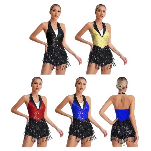 Damen Jazz Latein Tanz Kostüm Neckholder Rückenfrei Glitzer Pailletten Fransen Overall - Bild 12 von 22