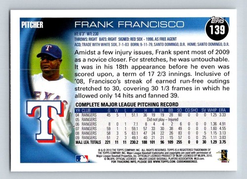 2010 Topps #139 Frank Francisco Texas Rangers - Picture 2 of 2