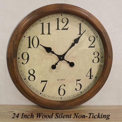 Elegant 24-Inch Wooden Silent Wall Clock – Rustic Battery Operated Decor - Picture 6 of 10