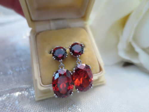 Gorgeous Vintage Jewellery Deco design White Gold Garnet Drop Earrings - Picture 7 of 10