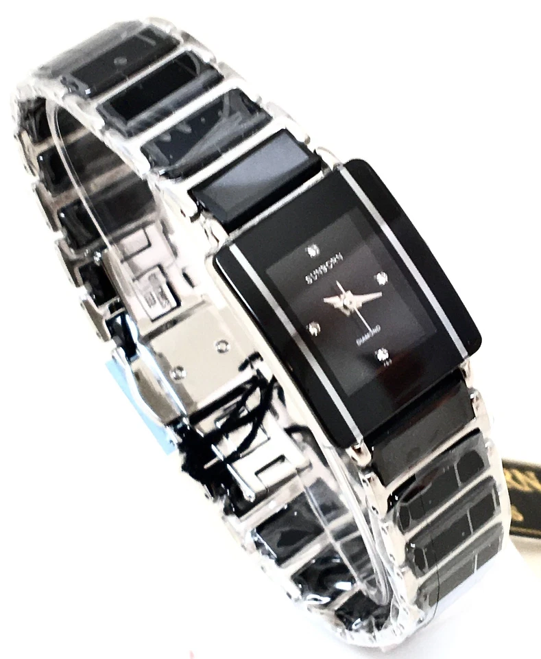 Reloj SUNBORN 50247KL Cerámica Damas Precisión Cuarto Esfera Negra Dos Tonos Plateado Foto 4 de 4