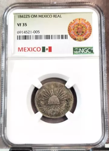 1842 Zs OM MEXICO SILVER 1 REAL CAP & RAYS NGC VF 35 RARE NICE COIN