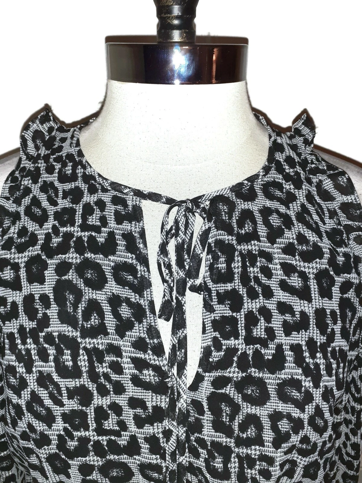 Abito MICHAEL KORS Tg M A Line Nero Grigio Stampa Animalier Manica Lunga Spalla Fredda