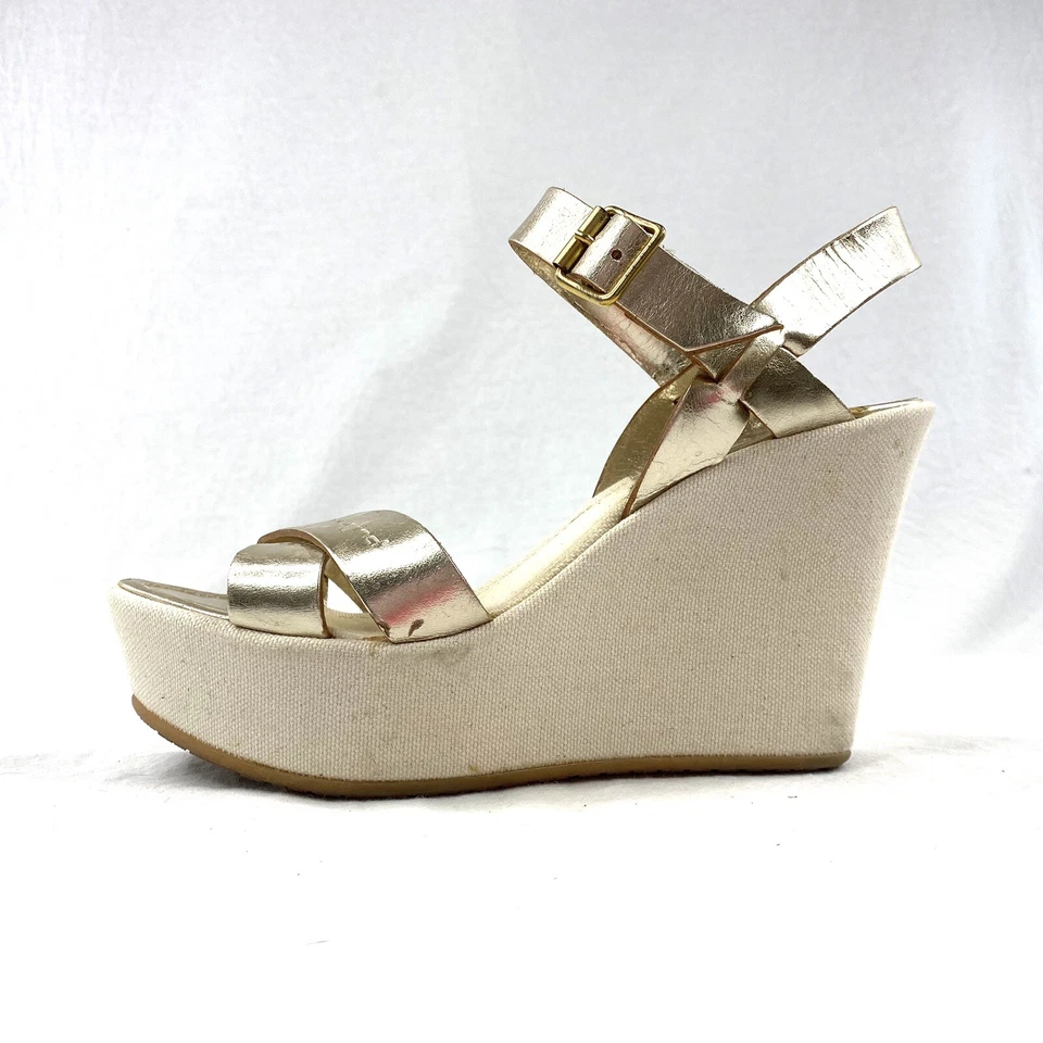Sandalias Fornarina para mujer de lona con plataforma de cuña de cuero dorado talla 8 Foto 2 de 4