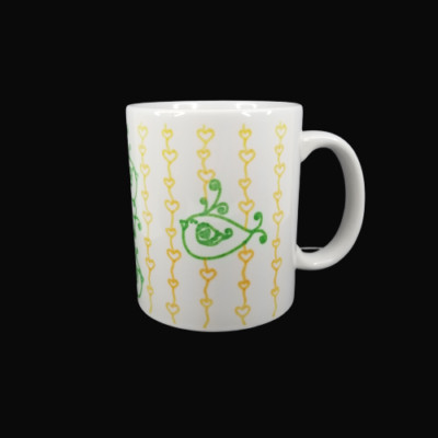 Whimsical Green Japanese Fugu Puffer Fish Coffee Mug Cup with Yellow Hearts