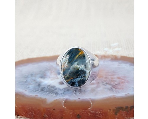 Solid 925 Sterling Silver Natural Flat Blue Pietersite Gemstone Huge Men's Ring - Picture 9 of 11