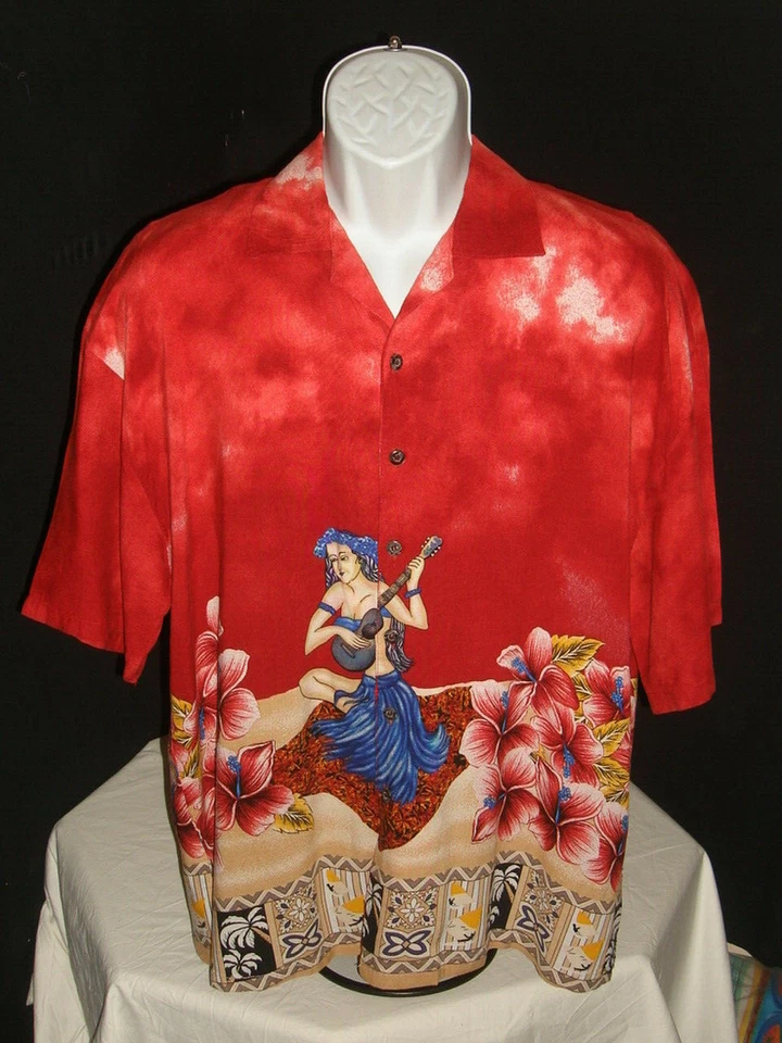 Vtg 90s Basix Hula Dancer w/ Ukulele Tropical Hawaiian S/S Hawaiian Shirt Sz, L - Image 2 of 4