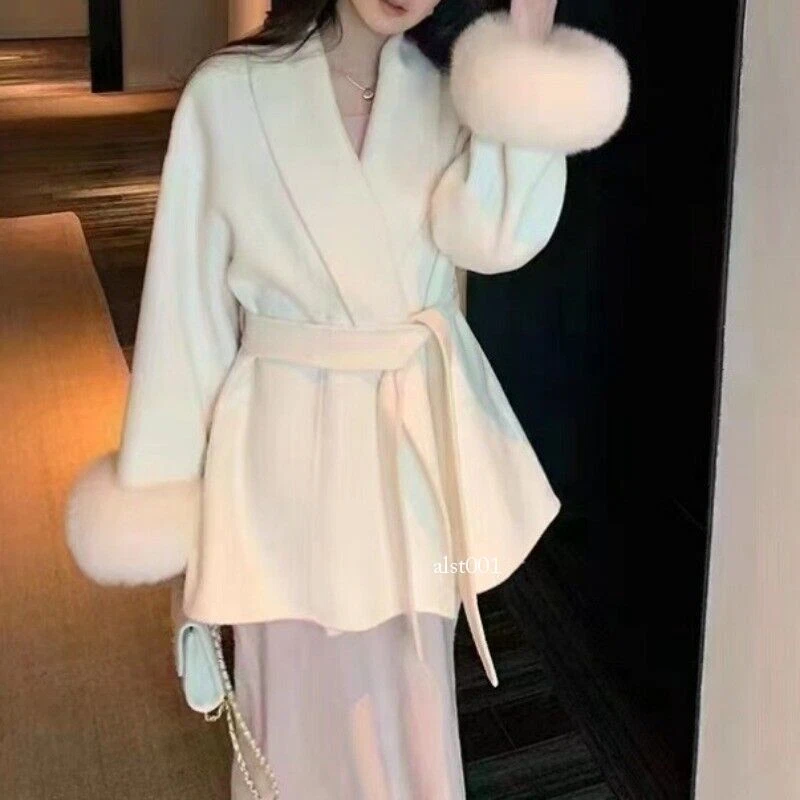 OFF WHITE Trench cappotto donna lusso lana caldo vera pelliccia di volpe manica cashmere con cintura cappotto