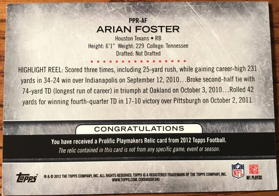 2012 Topps Prolific Playmakers Relics Arian Foster PPR-AF Houston Texans - Image 2 of 2