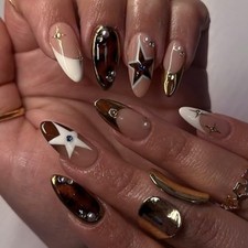 CTTHNBD Press on Nails Medium - Almond Fake Nails with Star Design - Brown Star