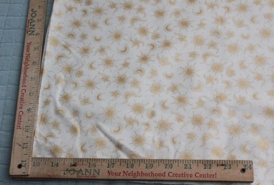 Stars Moon Gold Highlights White Background Cotton Fabric 21 x 25 W Quilting
