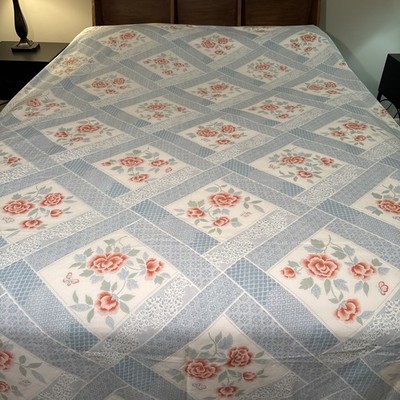 VINTAGE LADY PEPPERELL LATTICE ROSES FLORAL TWIN FLAT SHEET PERCALE USA READ SEE