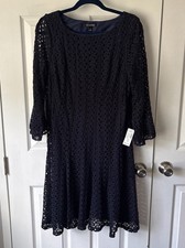 Roz & Ali A-Line Dress Women's 12 Blue Crochet Lace Knee Length 3/4 Bell Sleeve