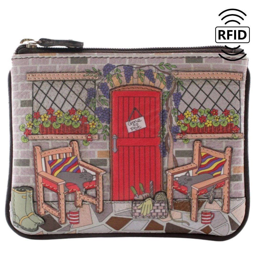 Mala Gone To Pot Cat Leather Coin Purse RFID Zip Card Holder Cottage Gift