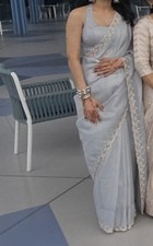 Ready to Wear Designer Modern Soft Organza Saree Shiny Gray Stitched Blouse S
