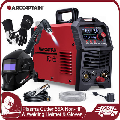 ARCCAPTAIN 55A Plasma Cutter Non-HF Pilot Arc Blowback & Welding Helmet & Gloves