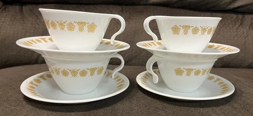 Set of 4 Corelle Butterfly Gold Hook Handle Tea Cups+Saucers-Coffee Mug Plate