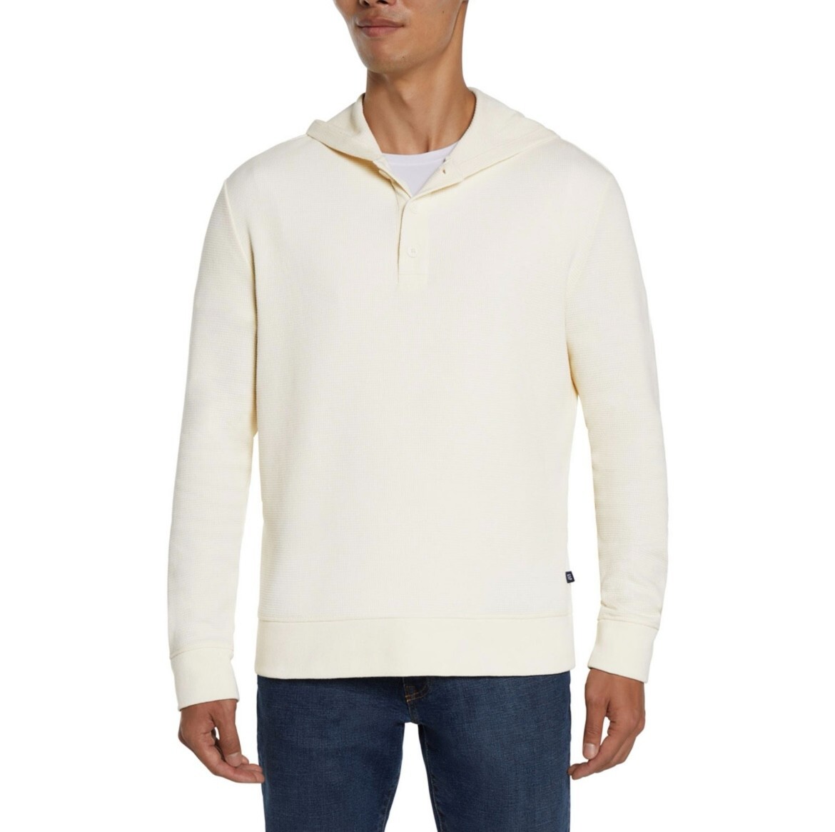 Gap Mens Medium White Waffle Henley Button Up Hooded Sweatshirt