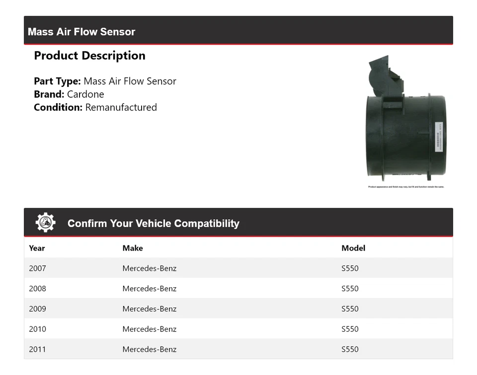 For 2007-2011 Mercedes-Benz S550 Mass Air Flow Sensor Cardone 2008 2009 2010 - Image 2 of 4