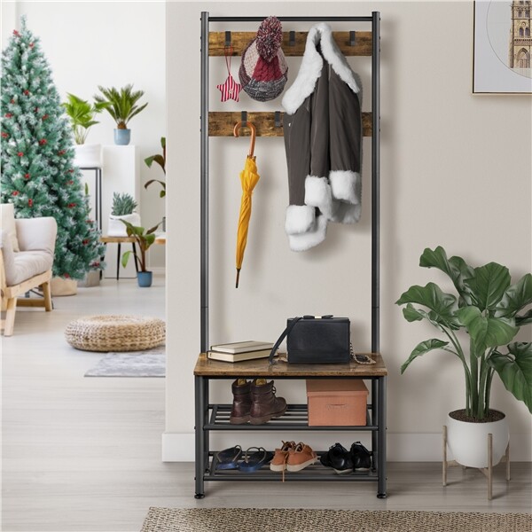 Coat Rack Stand with 3-Tier Shoe Bench & Movable Hooks Hallway Entryway Room