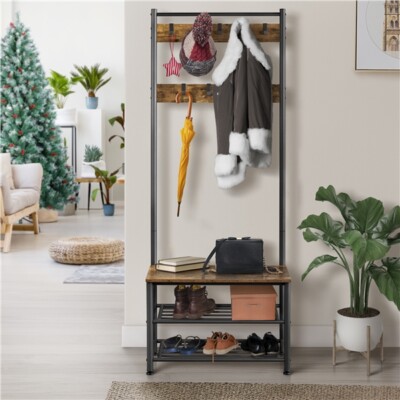 Hall Tree With Bench And Shoe Storage - Freestanding Coat Rack With 5-Tier Shelves, Entryway Organizer For Mudroom, Brown