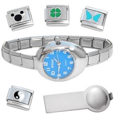 Blue Oval Italian Charm Watch Bracelet Plus Charm Tool Enamel Charms