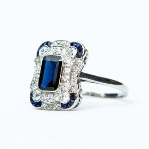 Anillo de boda circonita cúbica corte esmeralda azul, anillo de regalo de aniversario de compromiso, conjunto de bisel - Imagen 3 de 6
