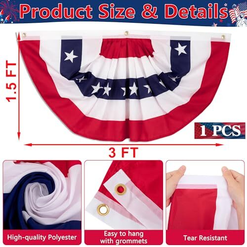 4th of July Decorations, 1.5 x 3 FT American Flag Banner USA Pleated Fan 1 PCS - Picture 2 of 6
