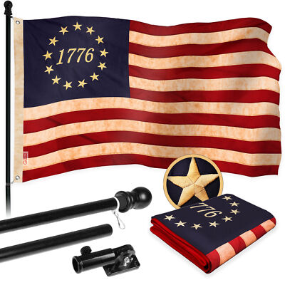 NEW G128 1776 Tea-Stained Flag & Flagpole, 5FT Black Pole and 2x3FT Emb Flag
