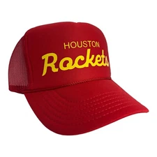 NEW HOUSTON ROCKETS RED SCRIPT HAT 5 PANEL HIGH CROWN TRUCKER SNAPBACK VTG