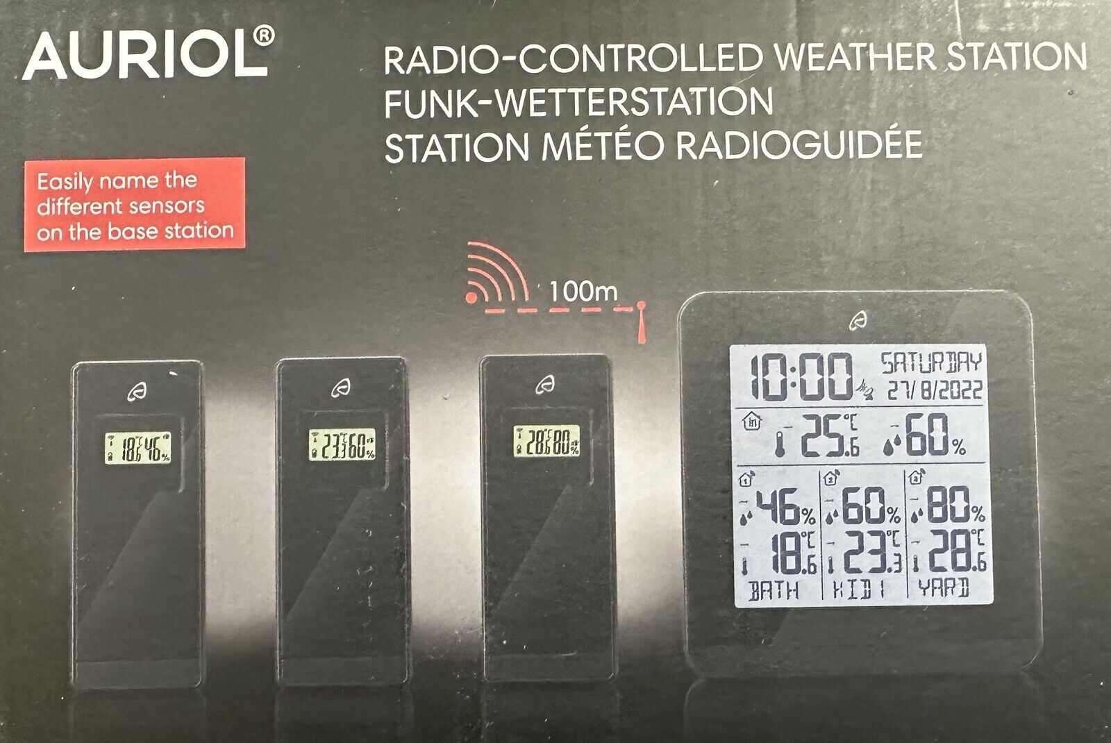 AURIOL Wetterstation Funk Wetterstation 3 Sensoren innen/außen Hygrometer  Funkuh | eBay