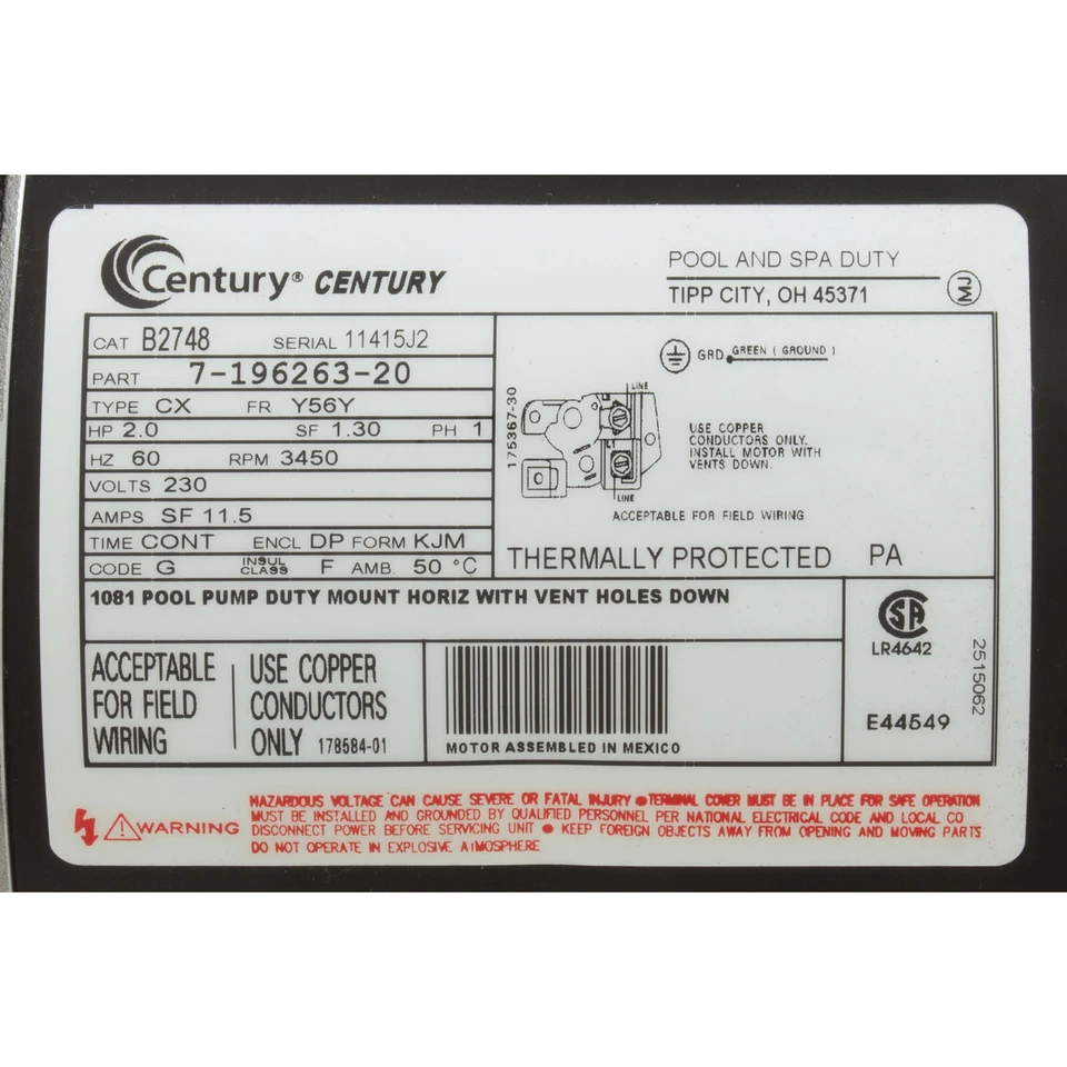 Motor, Century, 2,0 CV, 230 V, 1 velocidad, 56 años fr, SQFL Foto 3 de 4