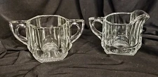 Vintage Clear 6 Sided Heavy Glass Open Sugar Bowl/Creamer Set Sunray Bottom