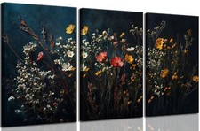 3Pcs Dark Dried Wildflowers Canvas Wall Art Moody Floral Wall decor prints Vi...