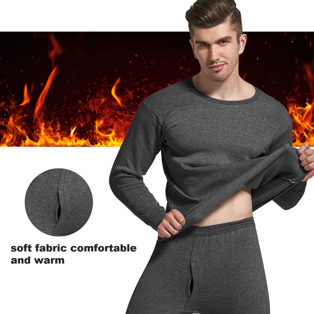 Men's Thermal Underwear Set Fleece Top and Bottom Warm Long Johns