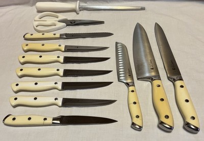 Sabatier 12-Piece Forged Rivet Knife Block Set  White Handles(missing two)