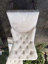Beige Velveteen Upholstered Dining Chairs Pair, Button Tufted Nailhead Trim