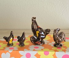 4 Mini Chickens And Roosters Figurines, Hand Painted Drip Glaze, Vintage 